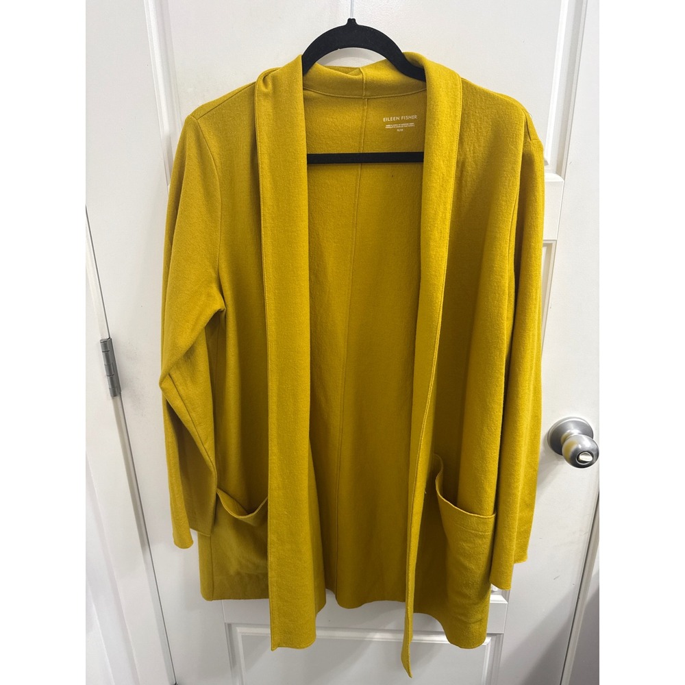 Eileen Fisher Mustard Yellow 100% Wool Open Front Cardigan Shawl Collar M